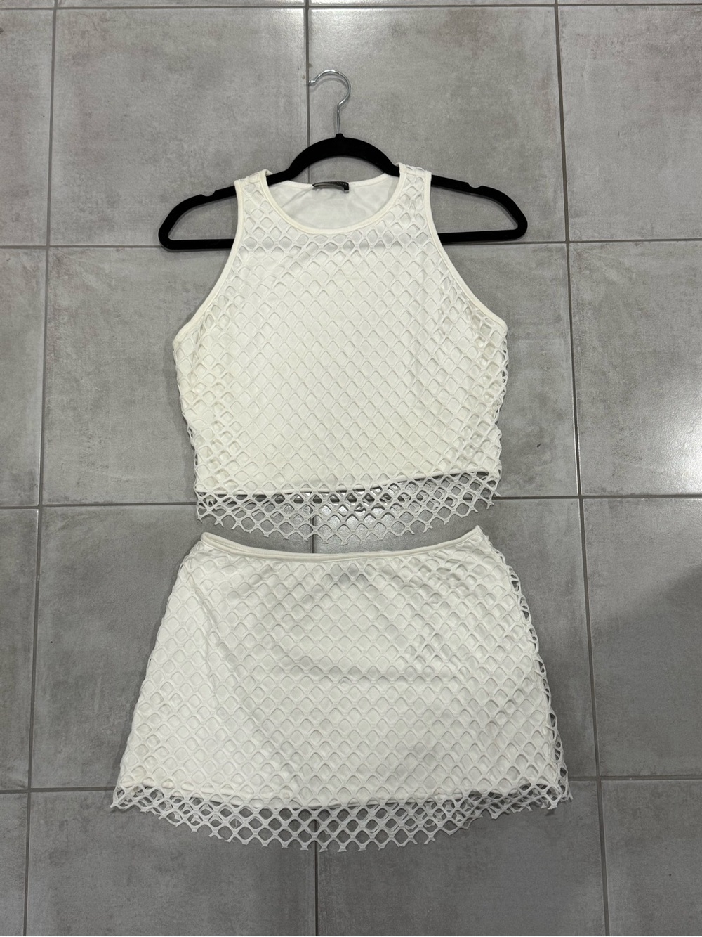 White Fox Boutique White Two-Piece Mesh Crop Top & Skirt Set
